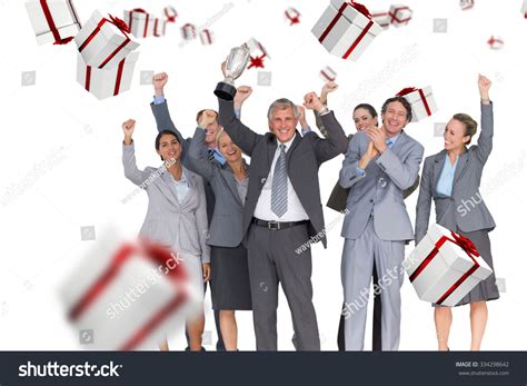 Excited Business Team Cheering Camera Trophy Stock Photo 334298642