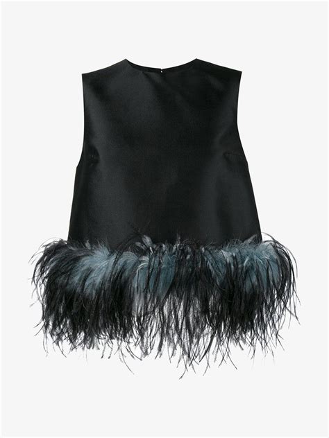 Prada Feather Trimmed Wool And Silk Blend Top In Black Modesens