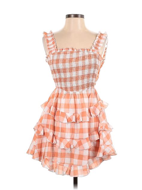 Olivaceous Checkered Gingham Argyle Plaid Orange Casual Dress Size S