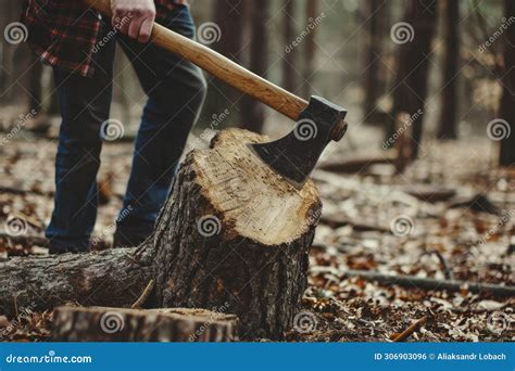 A Lumberjack Cuts Down A Tree In A Remote Forest With A Sharp Axe An