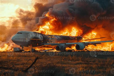 Plane crash airplane on runway catastrophe burning wrecks engine fire ...