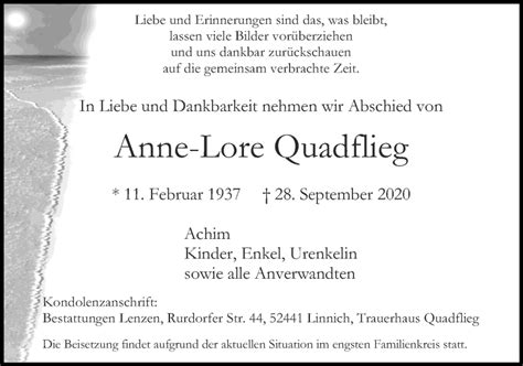 Traueranzeigen Von Anne Lore Quadflieg Aachen Gedenkt