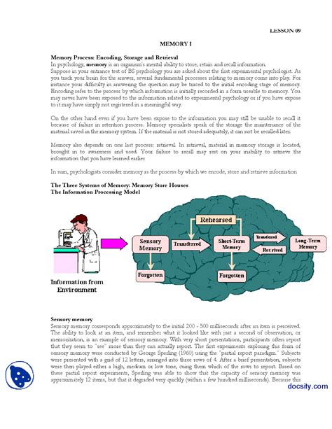 Memory Part 1 Experimental Psycology Lecture Handout Docsity