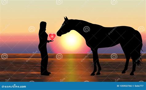 Girl Gives The Horse A Heart At Sunset Vector Illustration With