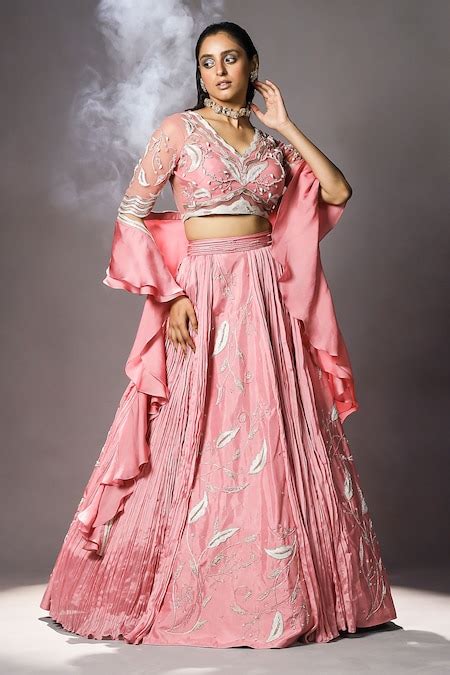 Buy Pink Silk Embroidered Floral Motifs V Neck Multi Panelled Lehenga