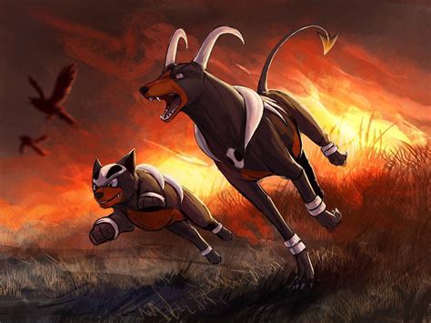 Download Houndoom And Houndour After Starting A Fire Wallpaper