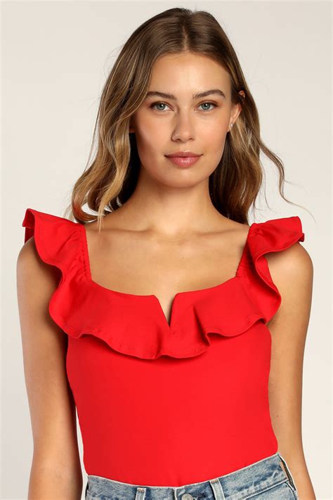 Red Bodysuit Ruffled Bodysuit Sleeveless Bodysuit Lulus