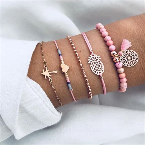 Pulseras De Cuentas Rosas Bohemias Para Mujer Conjunto De Pulseras Con