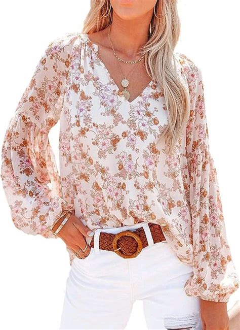 Shewin Womens Casual Boho Floral Print V Neck Long Sleeve Loose