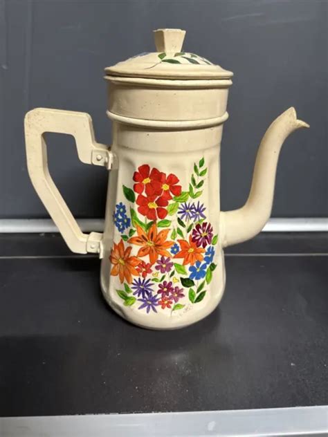 ANCIENNE CAFETIÈRE DÉCO fleurs aluminium EUR 29 00 PicClick FR