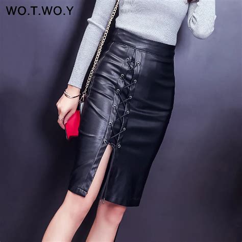 Autumn Formal Lace Up High Waist Leather Skirt Women Black Pencil