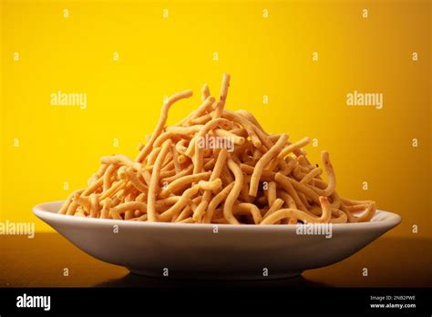 Besan Sev In Serving Plate Indian Snack Stock Photo Alamy