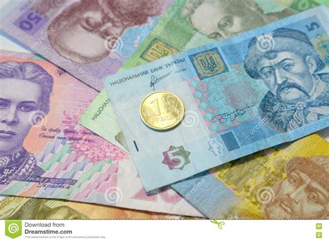 One Russian Ruble Against The Ukrainian Paper Money Stock Image Image