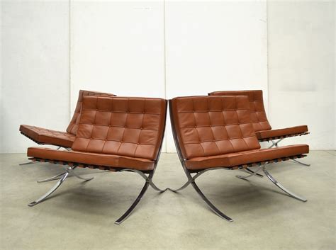 4x Vintage Cognac Barcelona Chair By Mies V D Rohe For Knoll 1980s