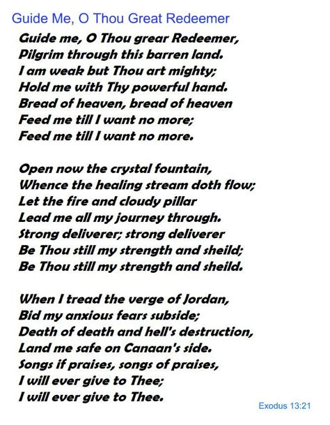 Guide Me O Thou Great Redeemer Hymns Lyrics Christian Songs Words