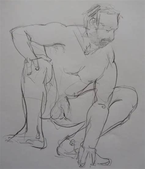 Expressive Pencil Sketch Drawing Of A Male Nude Front View Of A Seated