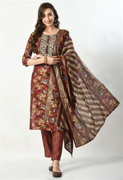 Buy S Majida Brown Floral Printed Kurta Set For Women With Dupatta