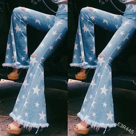 Pantalones Vaqueros Con Flecos Rasgados Y Estampado De Estrellas Para