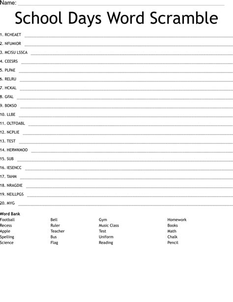 School Days Word Scramble Wordmint