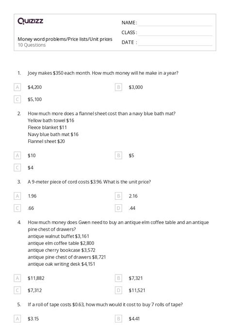 50 Money Word Problems Worksheets For 3rd Grade On Quizizz Free And Printable