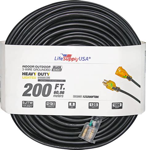 200 Ft Power Extension Cord Outdoor And Indoor Heavy Duty 12 Gauge3 Prong Sjtw Black Lighted