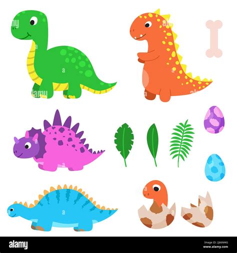 Big Set Of Funny Cartoon Dinosaurs Cute Illustration In Flat Style