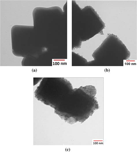 TEM Images Of Cubic Particles A Fe3O4 SiO2 B Fe3O4 SiO2 TiO2 And C