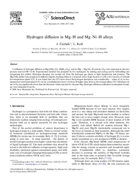 Pdf Hydrogen Diffusion In Mg H And Mg Ni H Alloys Lubomír Král