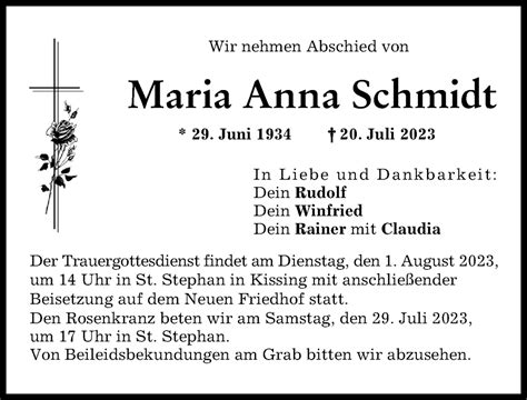 Traueranzeigen Von Maria Anna Schmidt Augsburger Allgemeine Zeitung