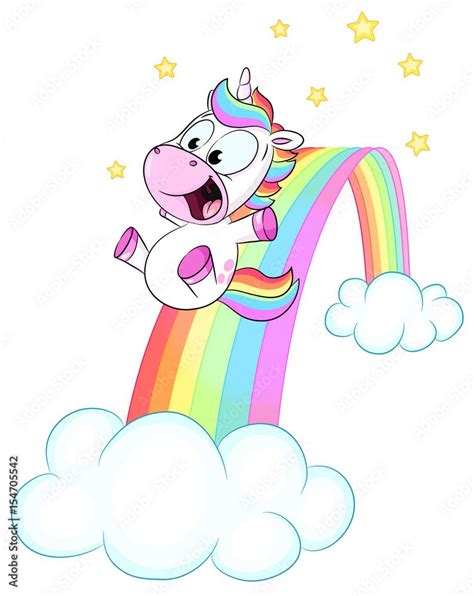 Niedliches Einhorn Rutscht Auf Regenbogen Vektor Illustration Stock Vector Fotografie Di