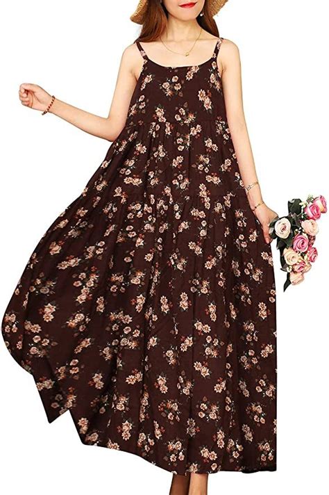 Yesno Women Casual Loose Bohemian Floral Print Dresses Spaghetti Strap Long Maxi Summer Beach