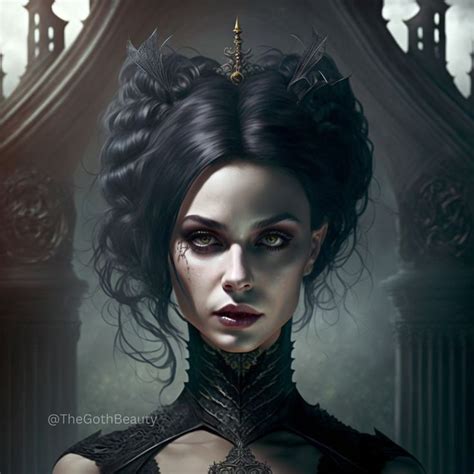 A Painting Of A Woman With Black Hair And Dark Makeup Wearing A Gothic