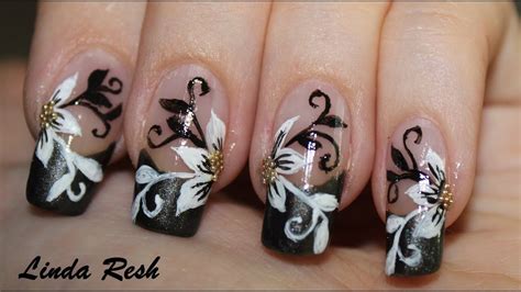 Nail Design Flower With Black And White Swirls Nail Art Youtube