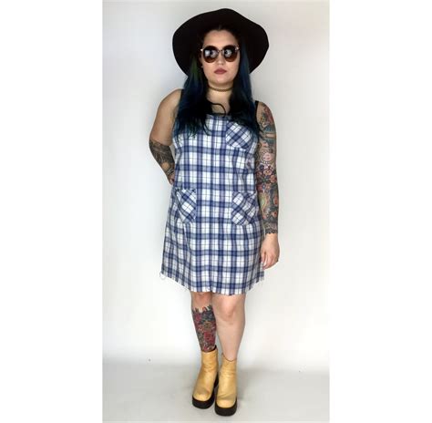 90s Plaid Jumper Dress Xl Tan And Blue Overall Dress With Raw Fraying