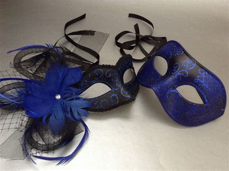 Couples Dark Blue Masquerade Ball Feather Party Mask Pair Etsy