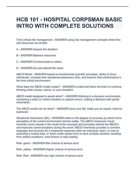 HCB 101 - HOSPITAL CORPSMAN BASIC INTRO WITH COMPLETE SOLUTIONS - HCB