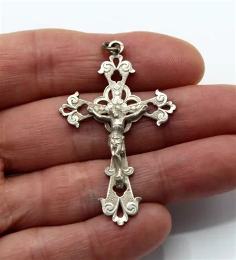 ANCIENNE CROIX CRUCIFIX Pendentif en Argent Massif 800 Art Nouveau XIXè