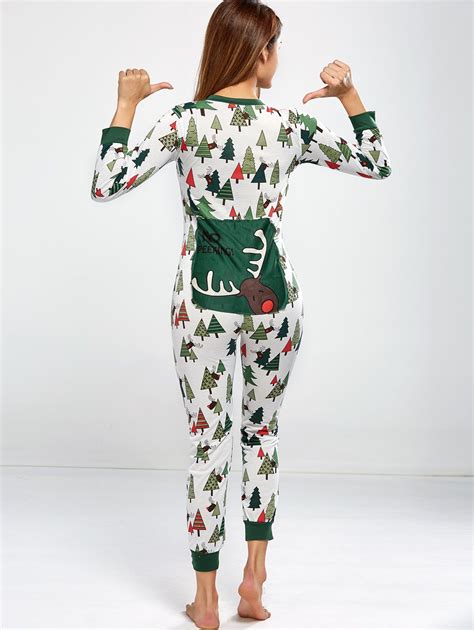 2018 Christmas Tree Print Footed Pajama Sleepwear Sets Green S In