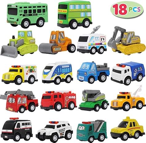 Joyin 18 Piece Pull Back City Cars And Trucks Toy Vehicles Set Model Car Friction