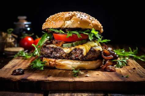 Premium Ai Image Homemade Burger On A Rustic Cutting Board