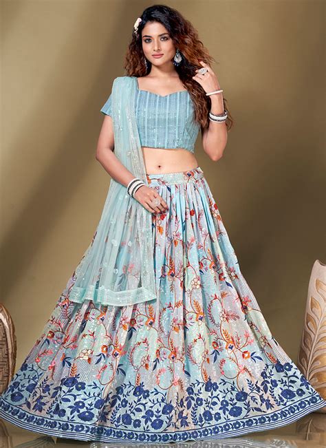 Shop Embroidered Georgette Blue Readymade Lehenga Choli Online