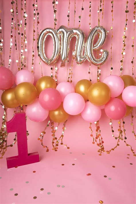 Pink First Birthday Digital Backgroundbackdrop With Balloon Garland In