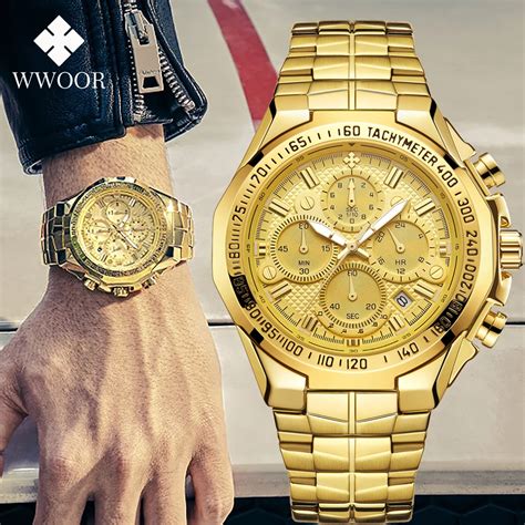 WWOOR Luxury Brand Gold Watches For Mens Waterproof Quartz Sports Wrist