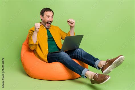 Full Body Profile Side Photo Of Mature Man Happy Positive Smile Rejoice