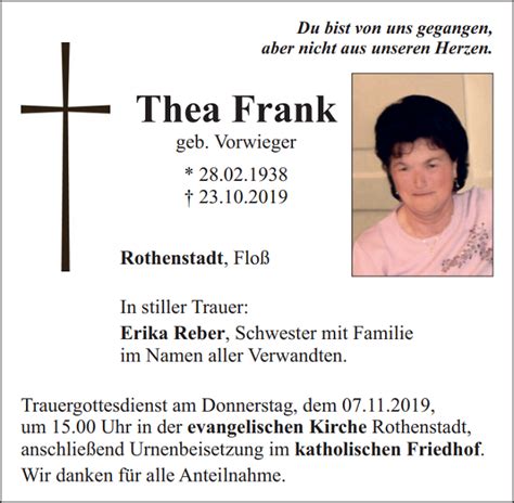 Traueranzeige Thea Frank Rothenstadt Oberpfalzecho