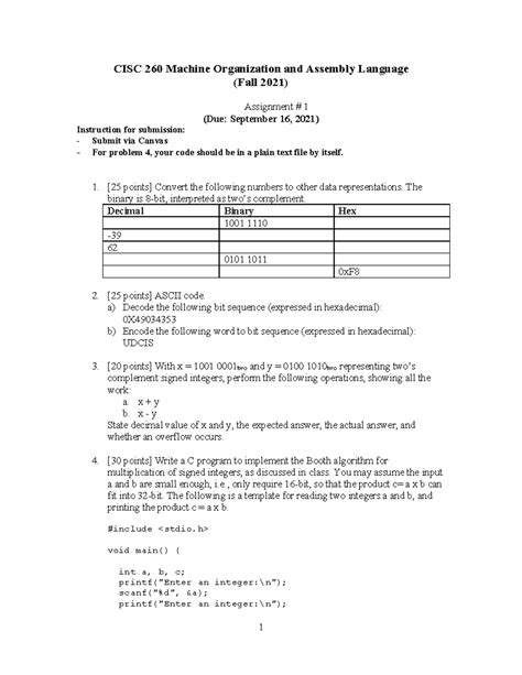 Cis260f21 Hw1 Homework Sheet 1 CISC 260 Machine Organization And