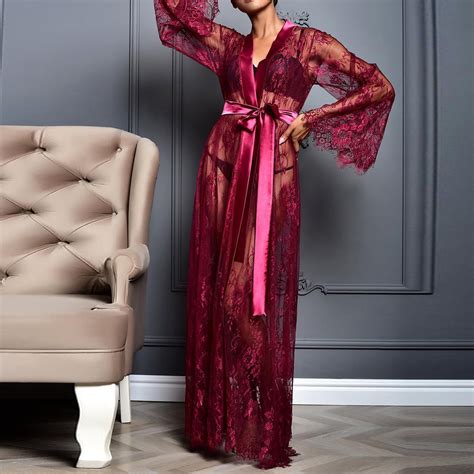 Sentmoon Sexy Lingerie For Women Long Sheer Boudoir Wedding Kimono Floor Length Lace Bridal Bath