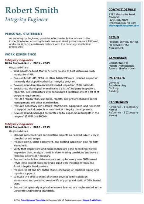 Integrity Engineer Resume Samples QwikResume