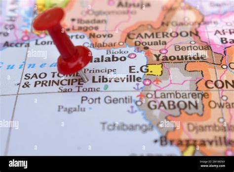 Red Push Pin Pointing On Location Of Libreville World Map Close Up View