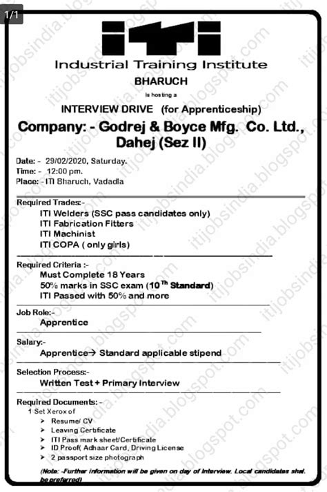 Iti Apprentice Requirement In Godrej And Boyce Mfg Co Ltd Dahej Iti